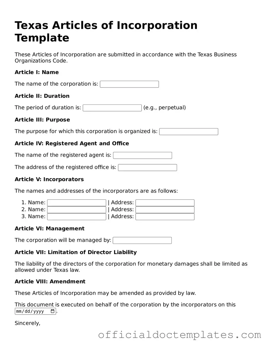 Free Articles of Incorporation Form for the State of Texas