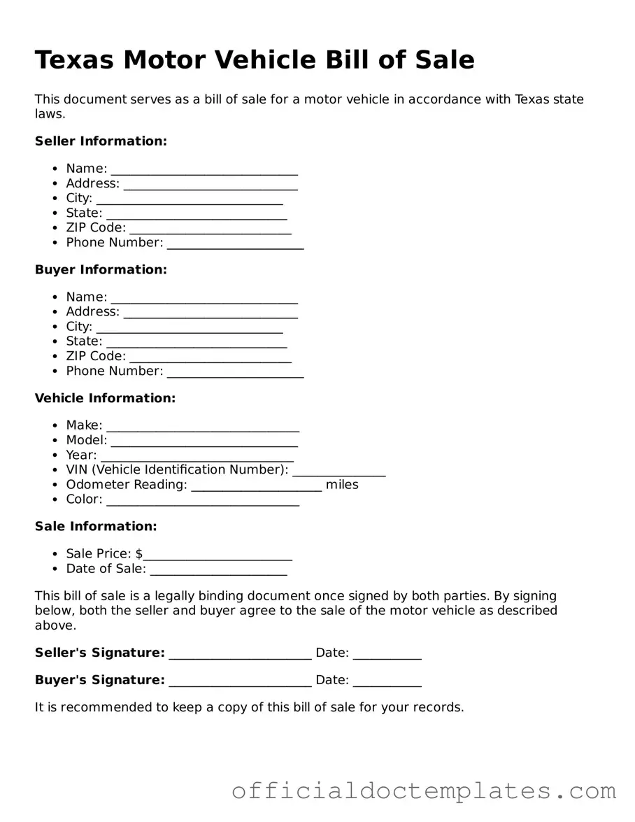 Free Motor Vehicle Bill of Sale Form for the State of Texas