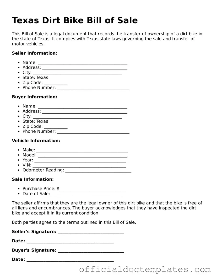 Free Dirt Bike Bill of Sale Form for the State of Texas