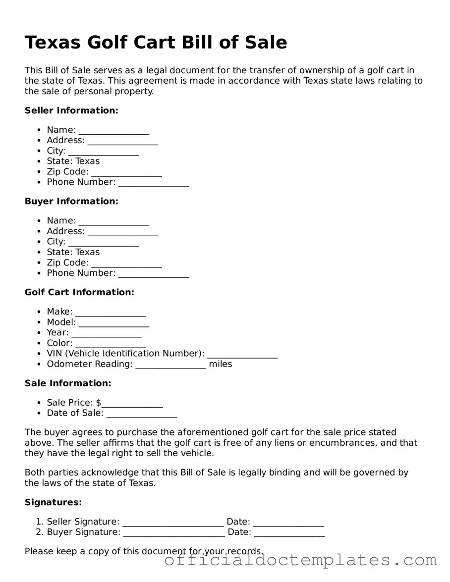 Free Golf Cart Bill of Sale Form for the State of Texas