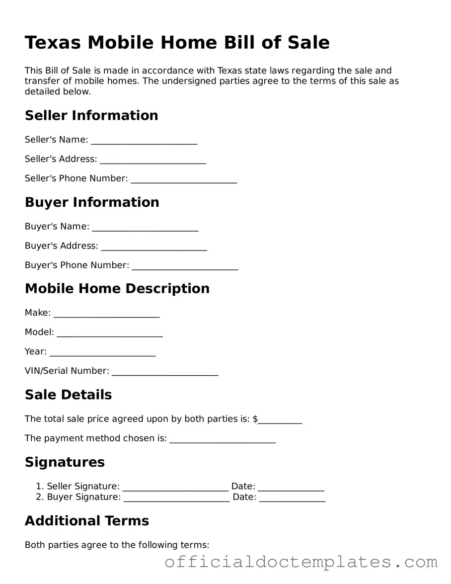 Free Mobile Home Bill of Sale Form for the State of Texas