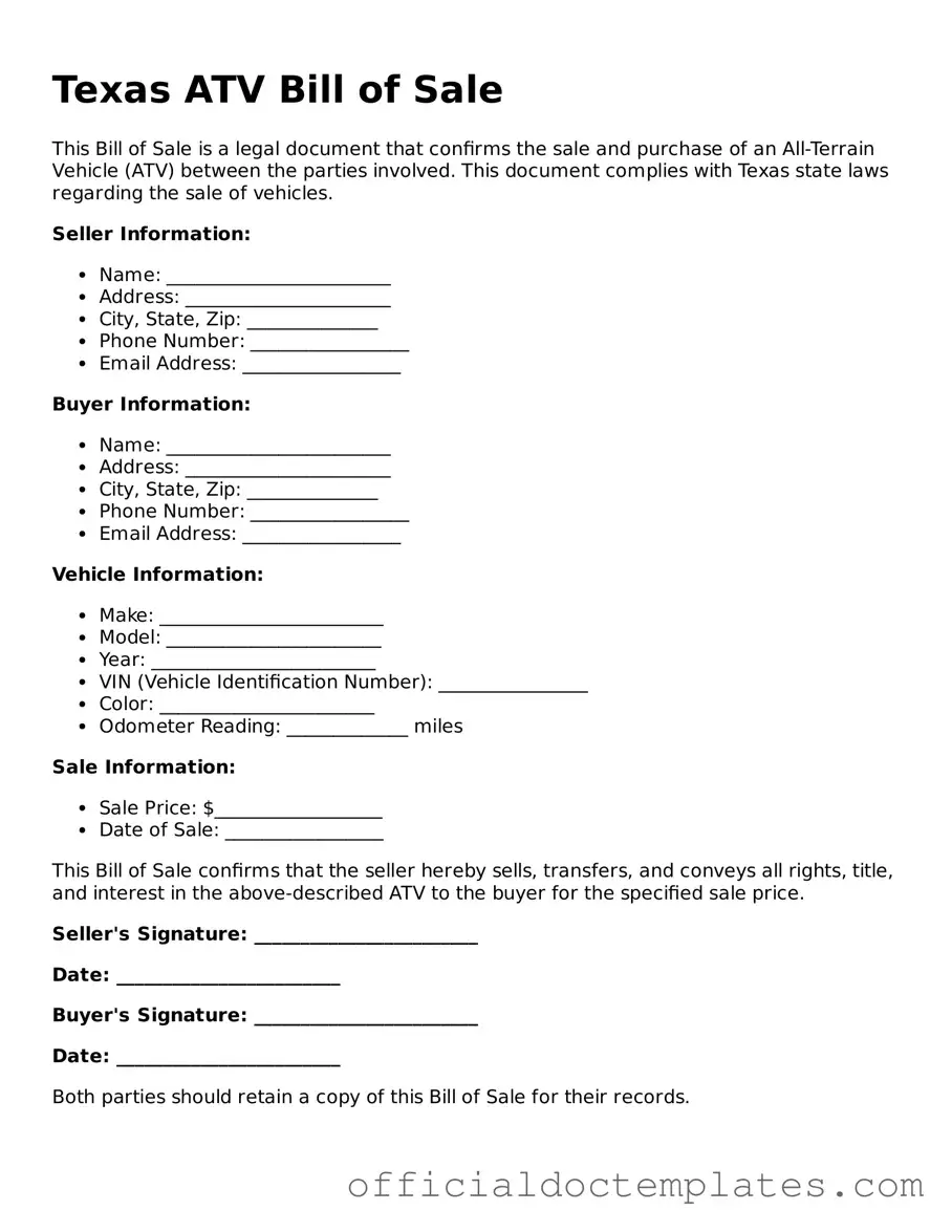 Free ATV Bill of Sale Form for the State of Texas