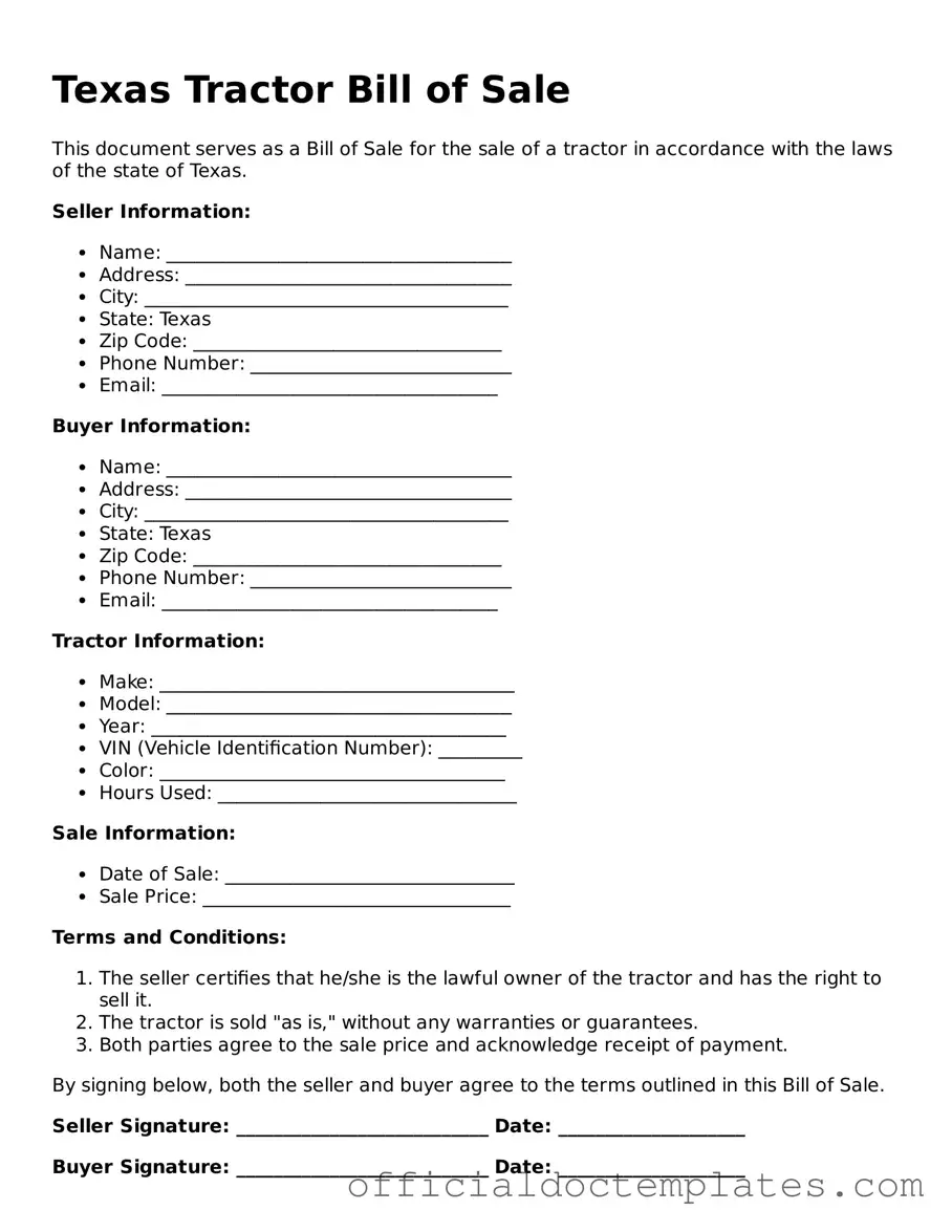 Free Tractor Bill of Sale Form for the State of Texas
