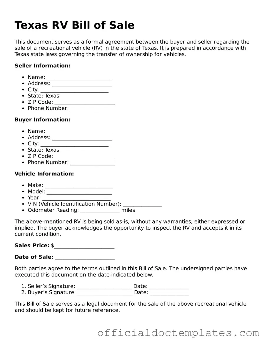 Free RV Bill of Sale Form for the State of Texas