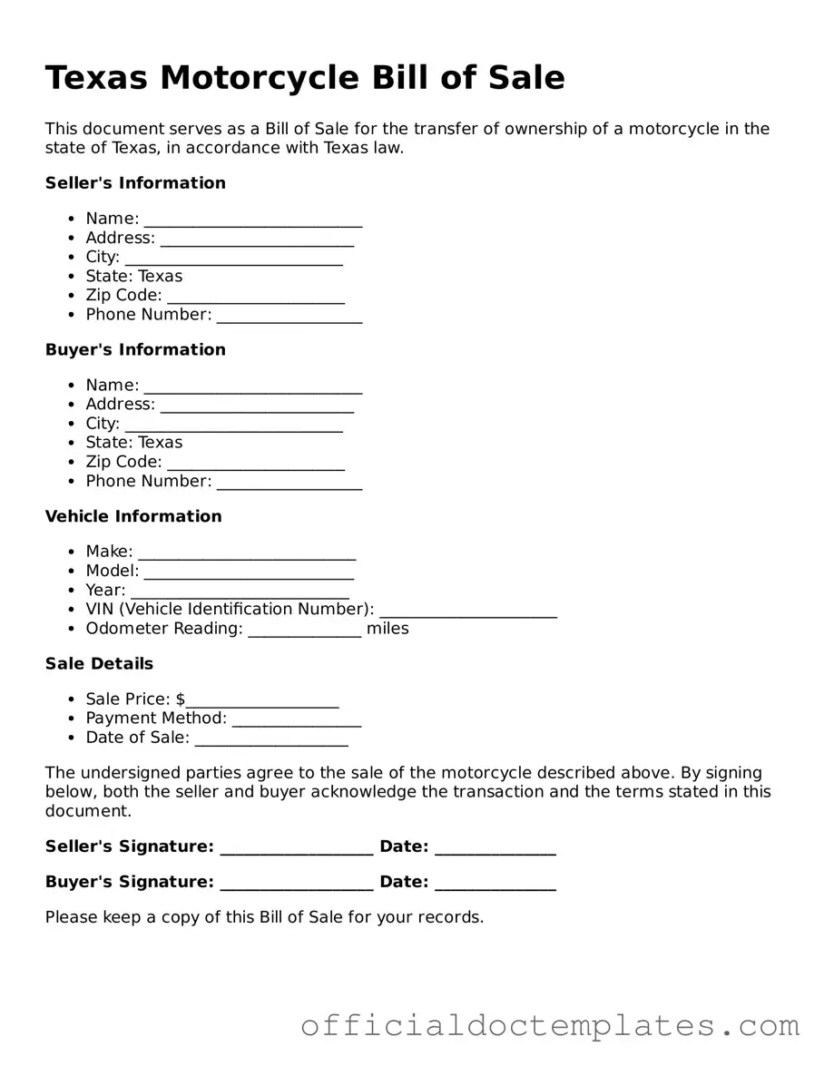Free Motorcycle Bill of Sale Form for the State of Texas