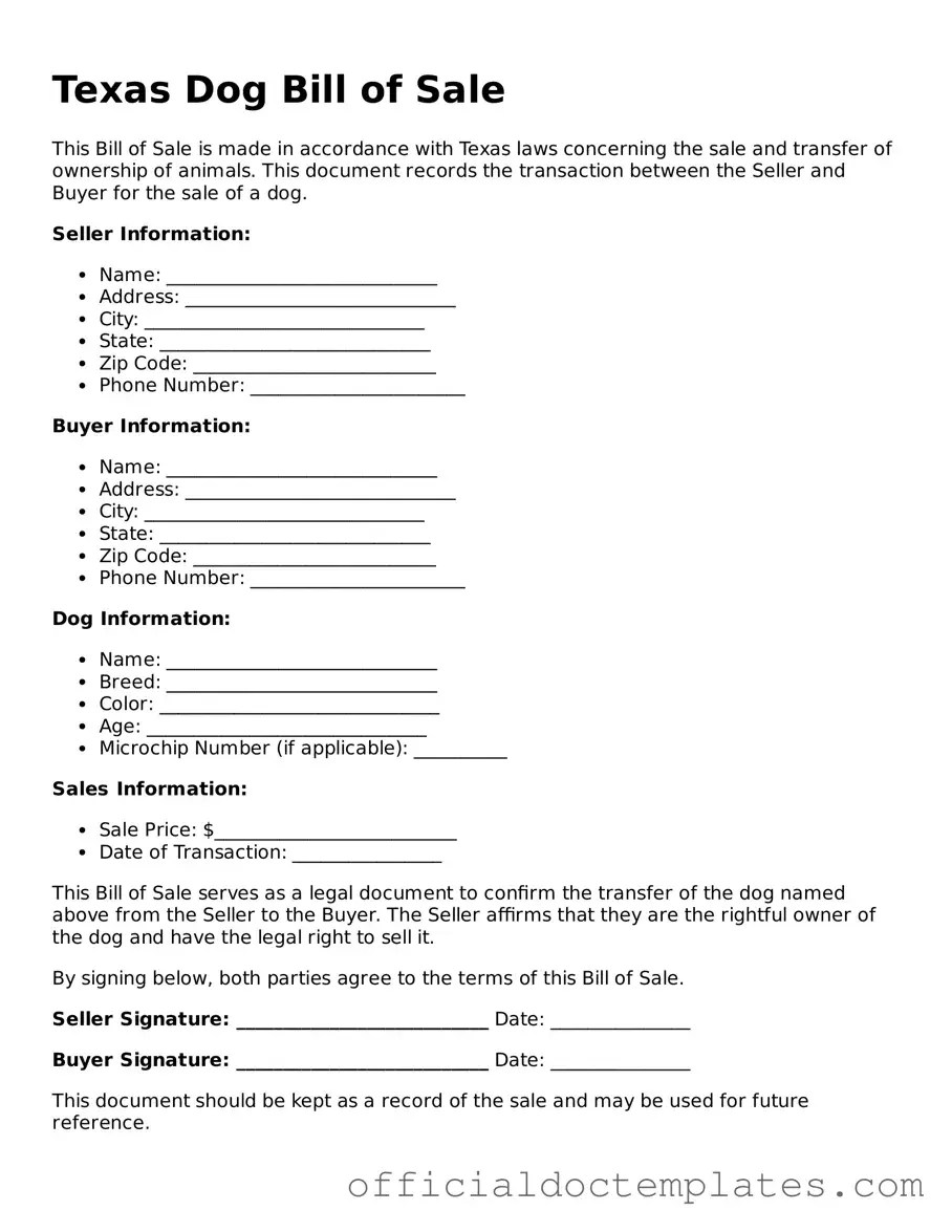 Free Dog Bill of Sale Form for the State of Texas