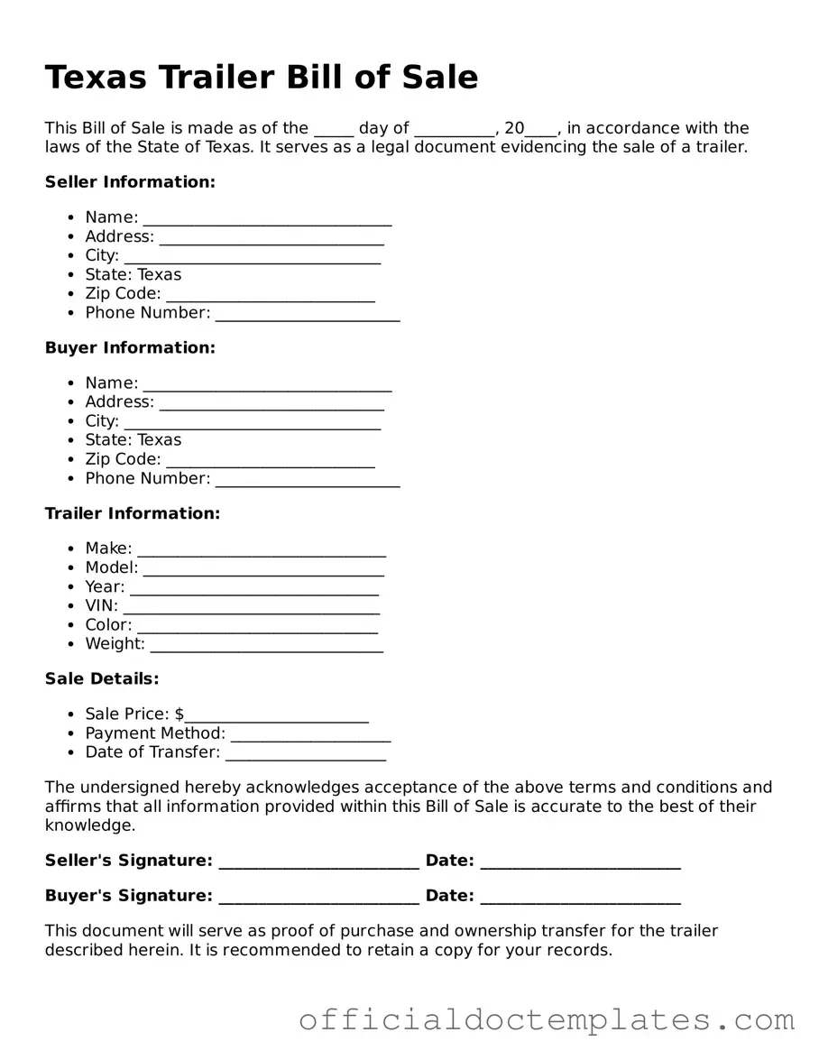 Free Trailer Bill of Sale Form for the State of Texas