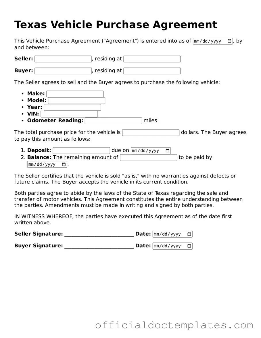 Free Vehicle Purchase Agreement Form for the State of Texas