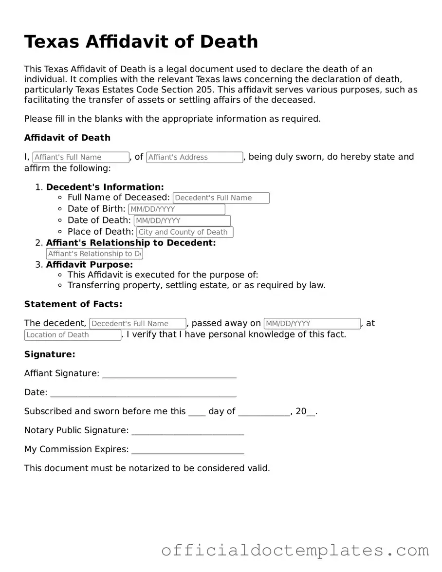 Free Affidavit of Death Form for the State of Texas