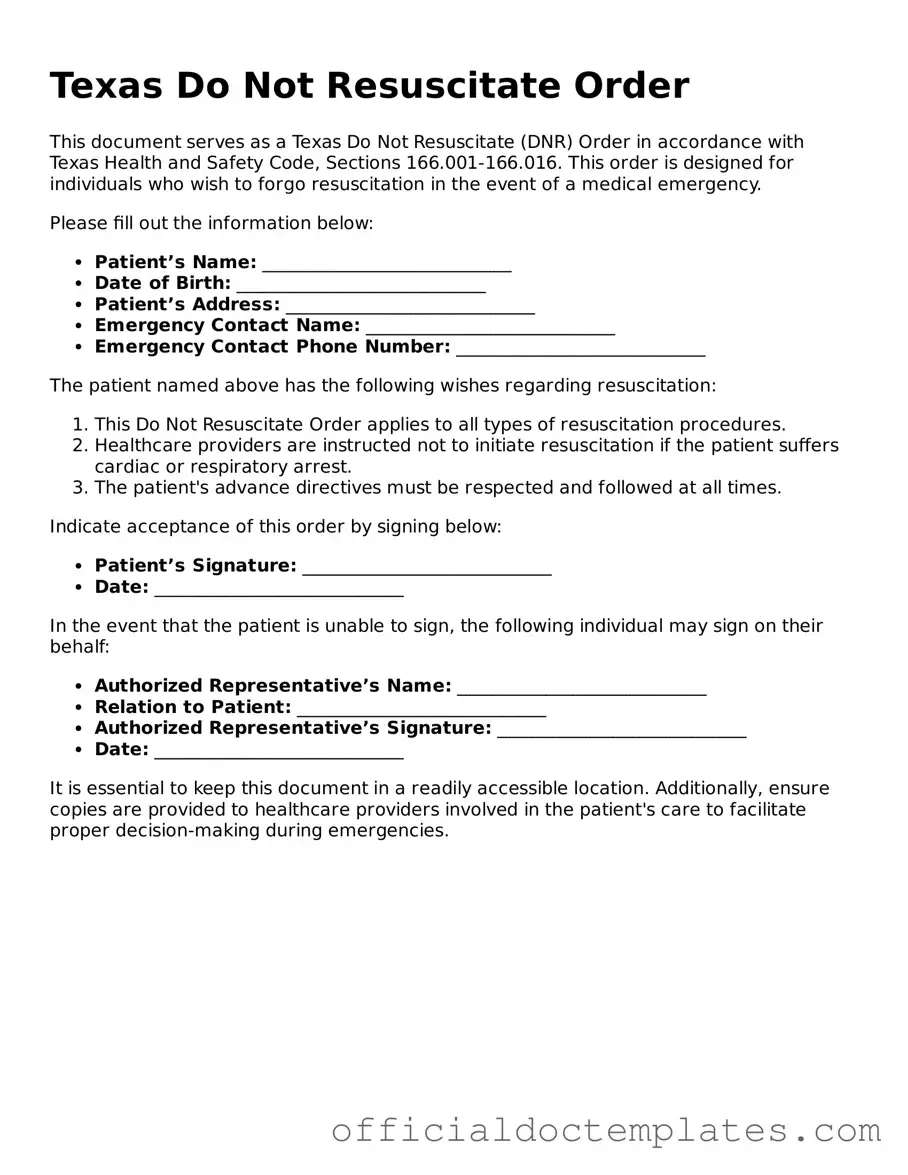Free Do Not Resuscitate Order Form for the State of Texas