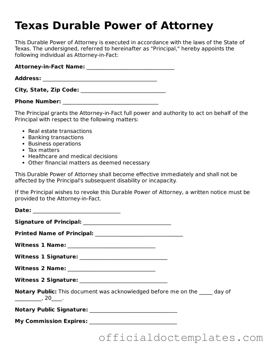 Free Durable Power of Attorney Form for the State of Texas