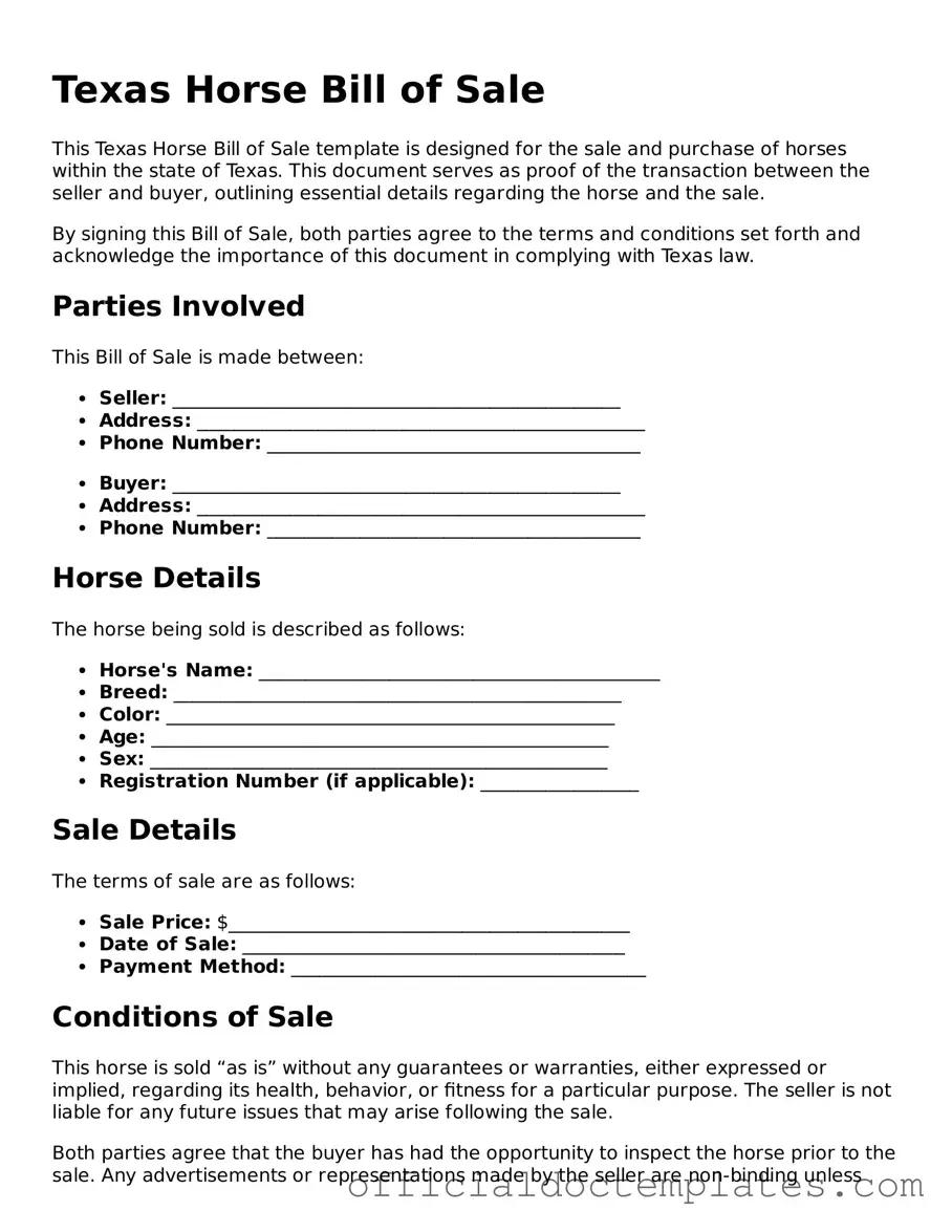 Free Horse Bill of Sale Form for the State of Texas