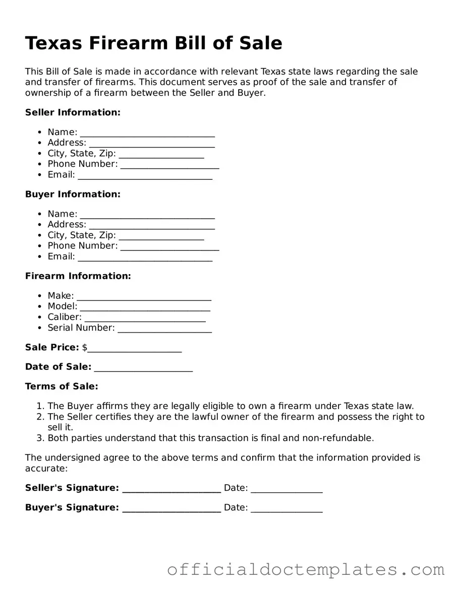 Free Firearm Bill of Sale Form for the State of Texas