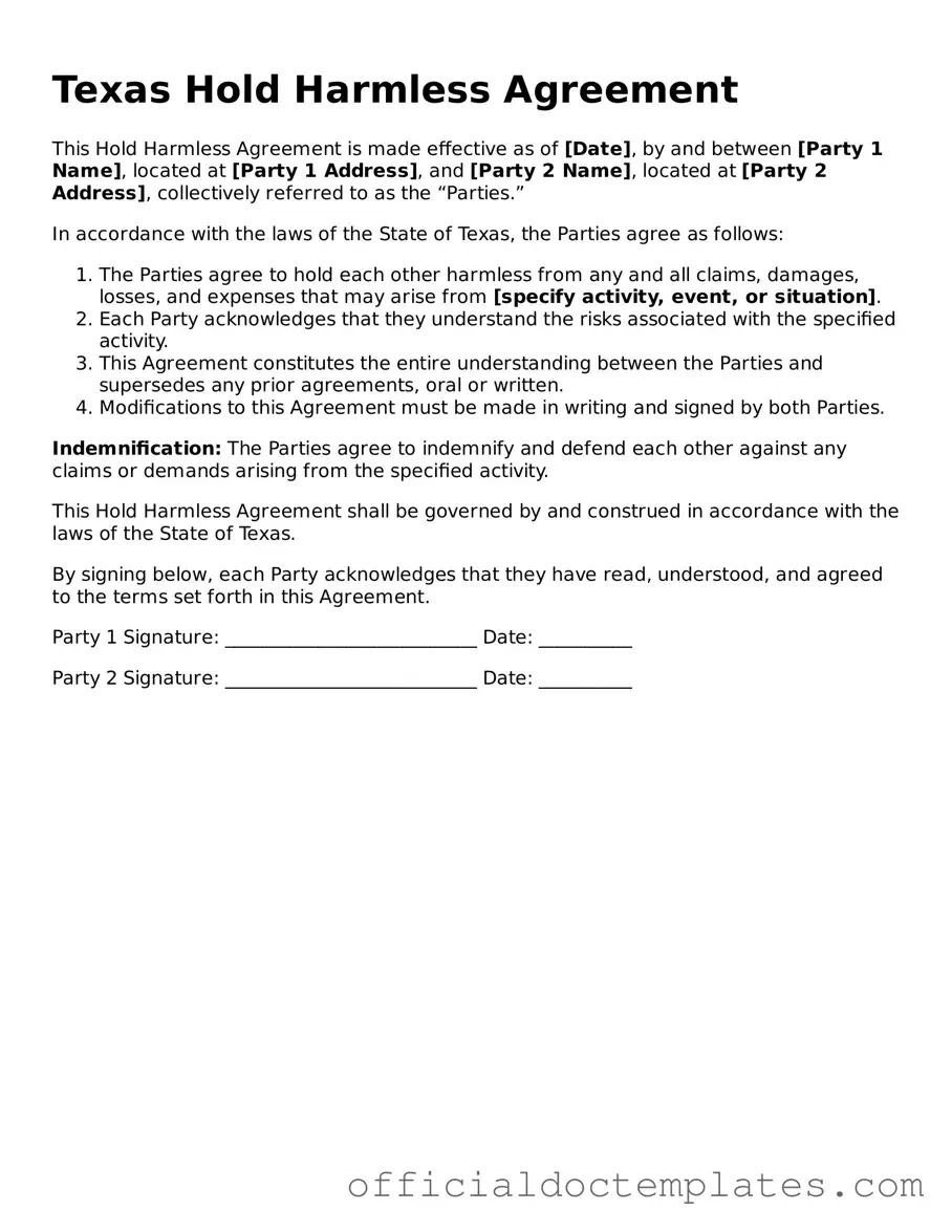 Free Hold Harmless Agreement Form for the State of Texas