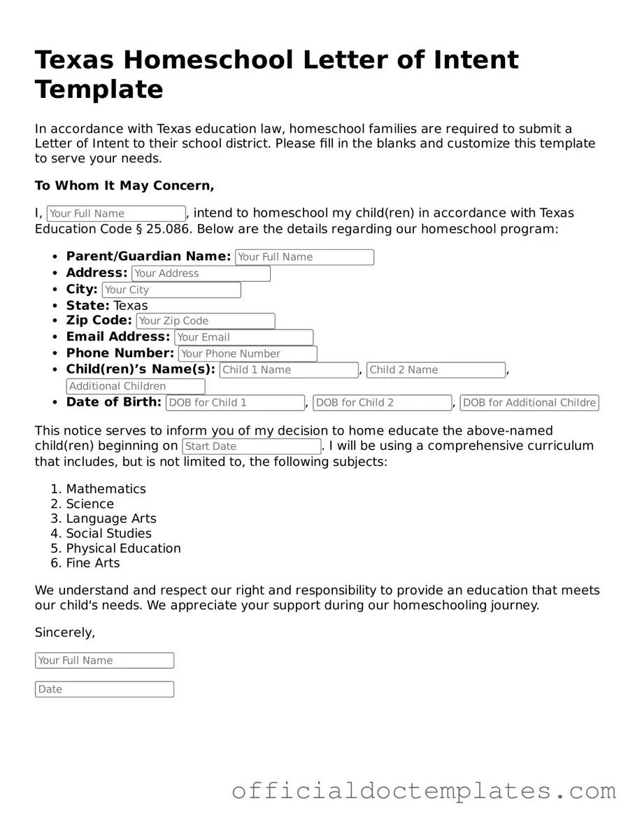 Free Homeschool Letter of Intent Form for the State of Texas
