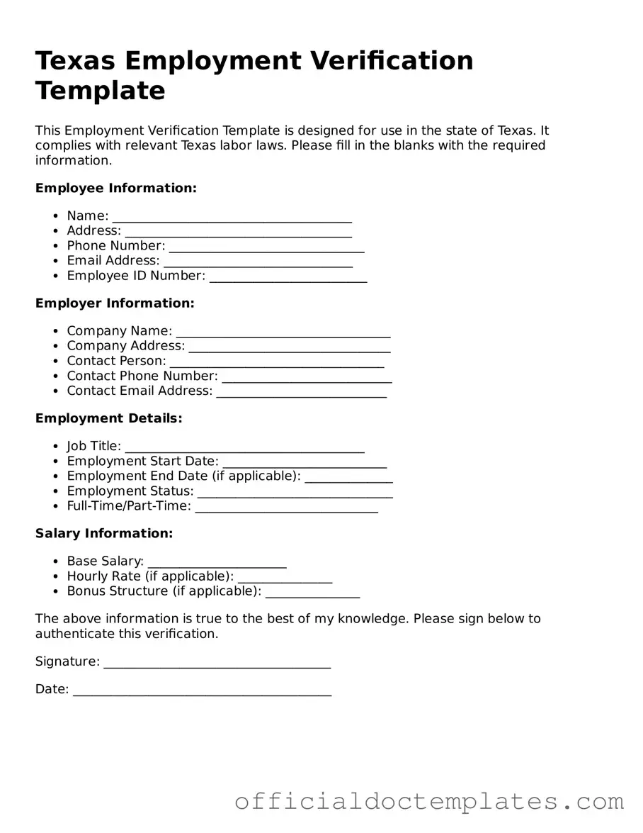 Free Employment Verification Form for the State of Texas