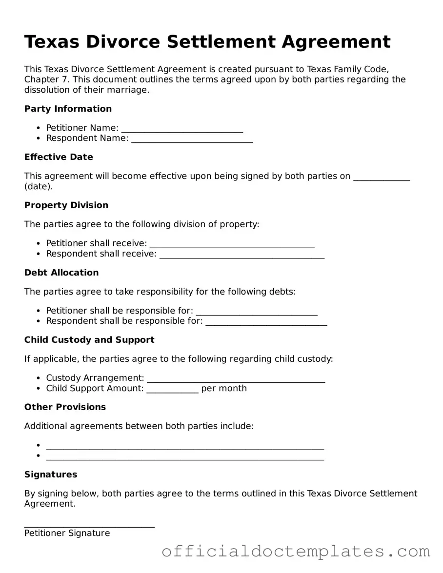 Free Divorce Settlement Agreement Form for the State of Texas