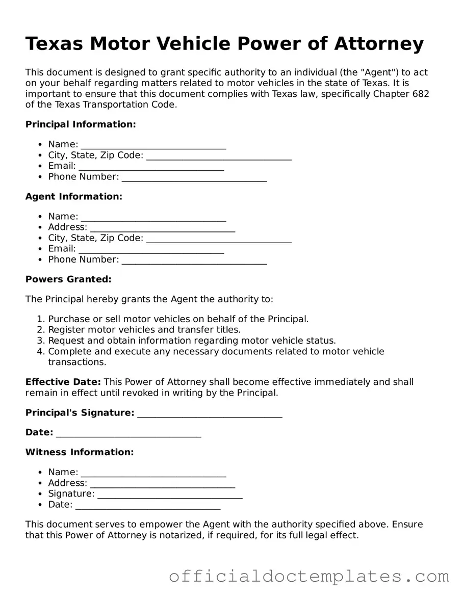 Free Motor Vehicle Power of Attorney Form for the State of Texas