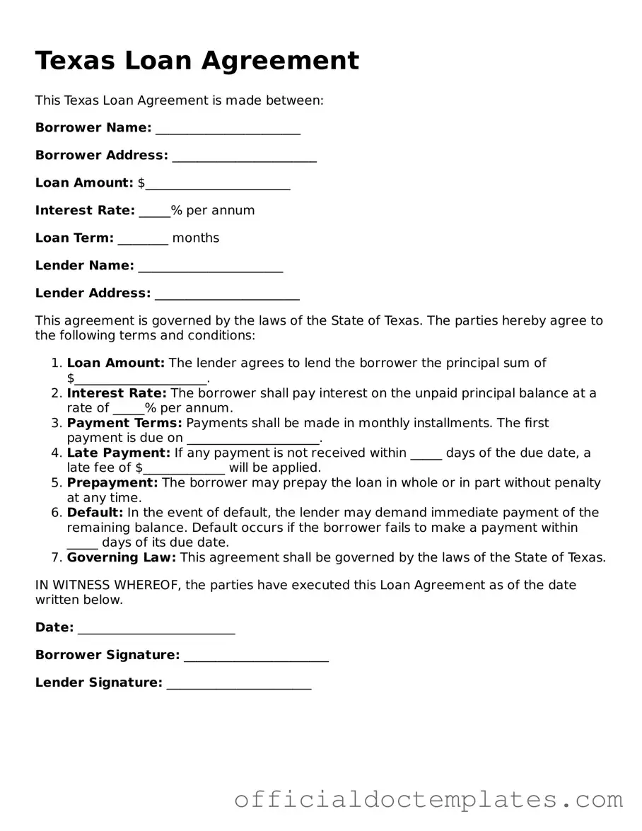 Free Loan Agreement Form for the State of Texas