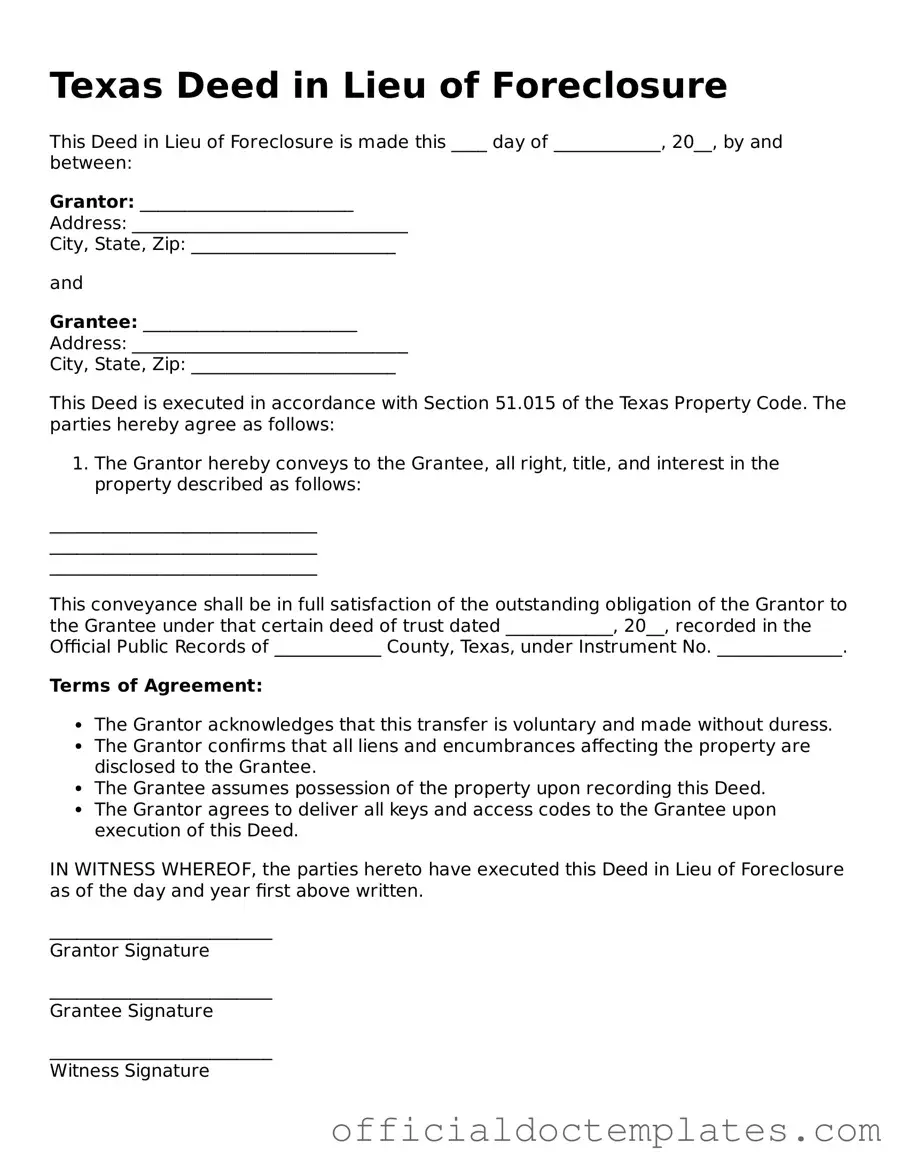 Free Deed in Lieu of Foreclosure Form for the State of Texas