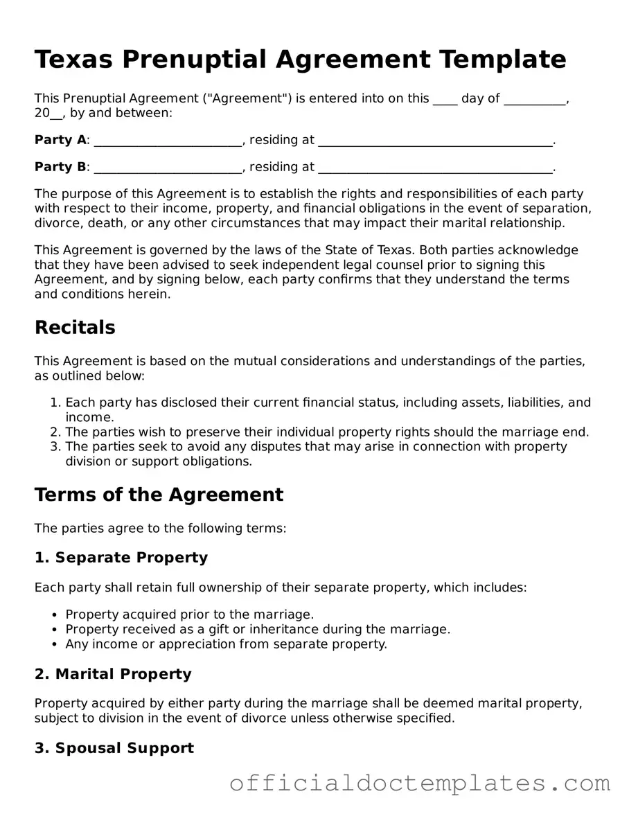 Free Prenuptial Agreement Form for the State of Texas