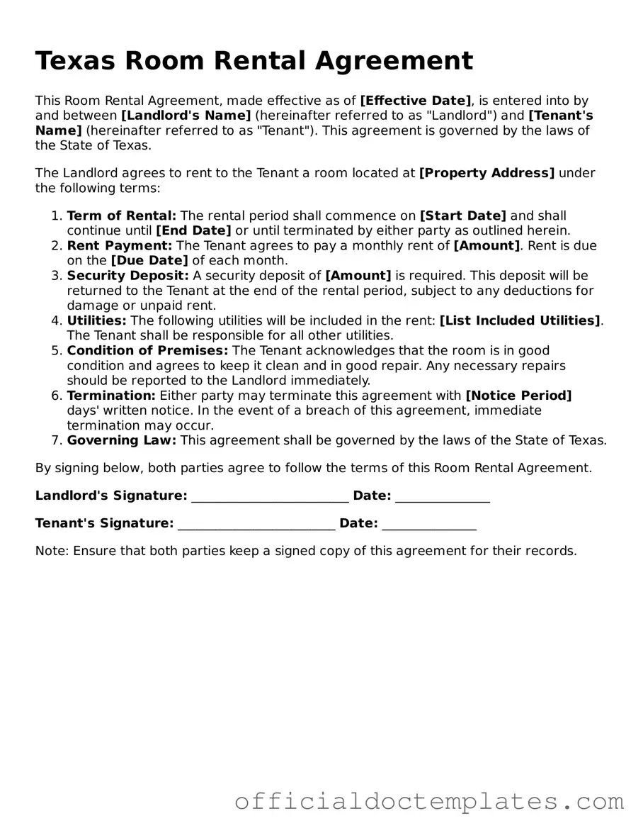 Free Room Rental Agreement Form for the State of Texas