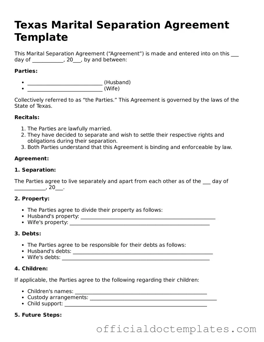 Free Marital Separation Agreement Form for the State of Texas