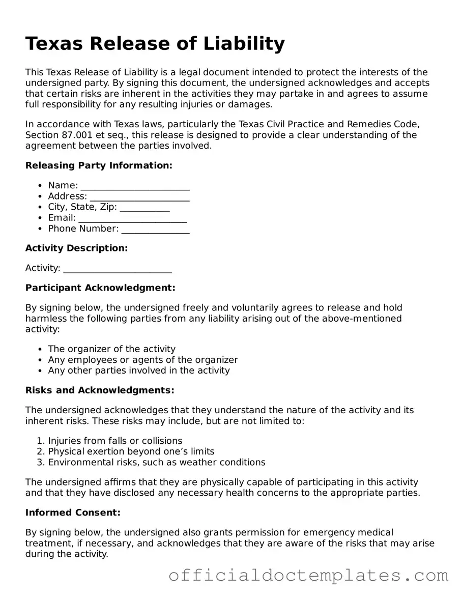 Free Release of Liability Form for the State of Texas