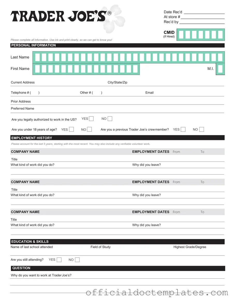 Fill Your Trader Joe's application Template
