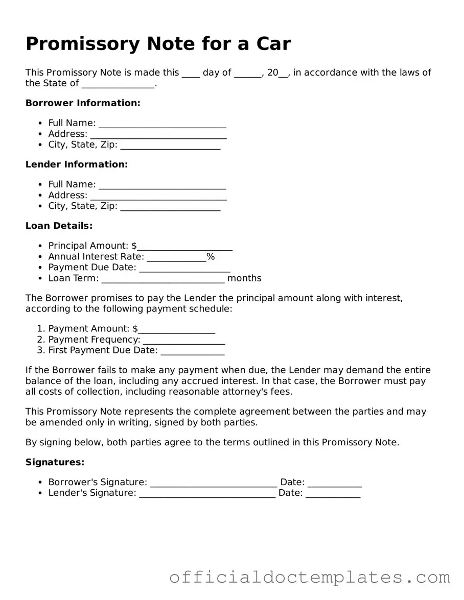Fillable Promissory Note for a Car Template